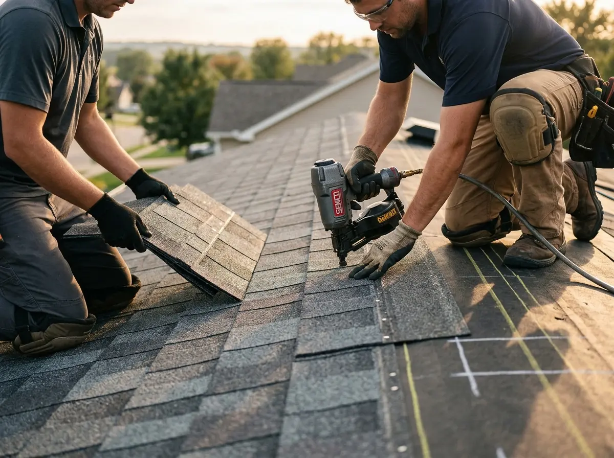 Professional roofer working on a residential roof in Prior Lake